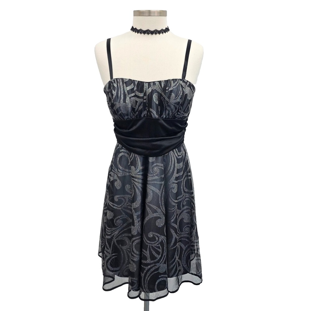 R&M Richards Womens 8 Black Metallic Swirl Sweetheart Party Mini Dress Y2K Glam